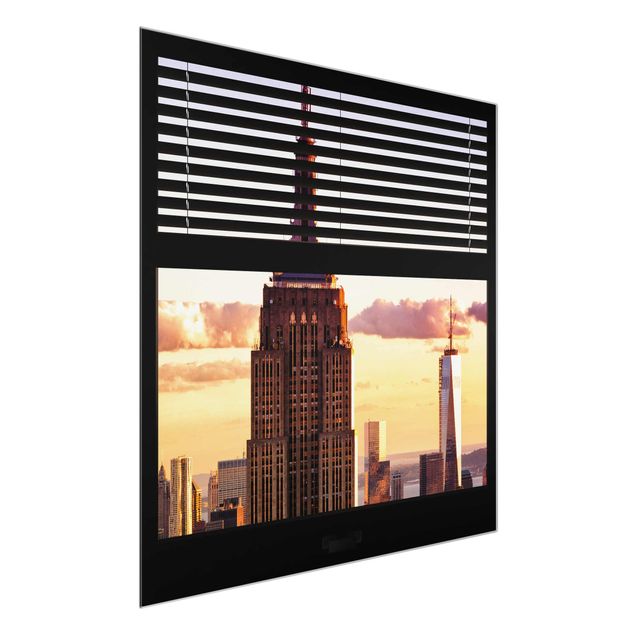 Tableaux en verre architecture & skyline Vue d'une fenêtre avec rideau - Empire State Building New York