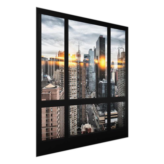 Tableaux en verre architecture & skyline Fenêtres donnant sur New York avec reflet du soleil