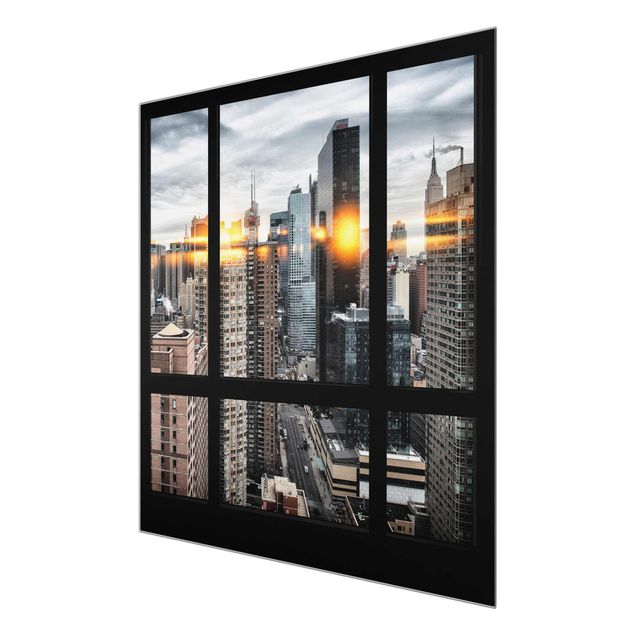 Tableau ville Fenêtres donnant sur New York avec reflet du soleil