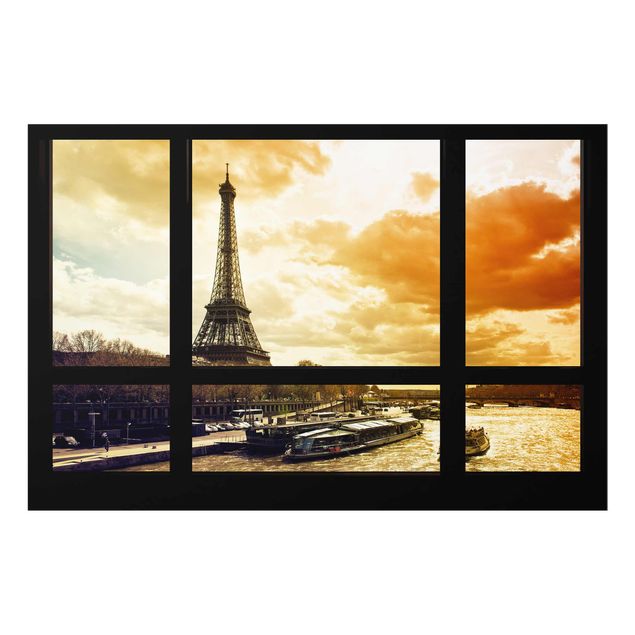 Tableaux en verre architecture & skyline Vue de fenêtre - Coucher de soleil Paris Tour Eiffel