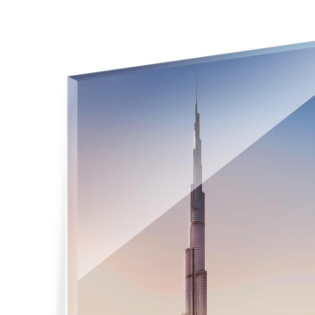 Tableaux en verre magnétique Silhouette urbaine céleste de Dubaï