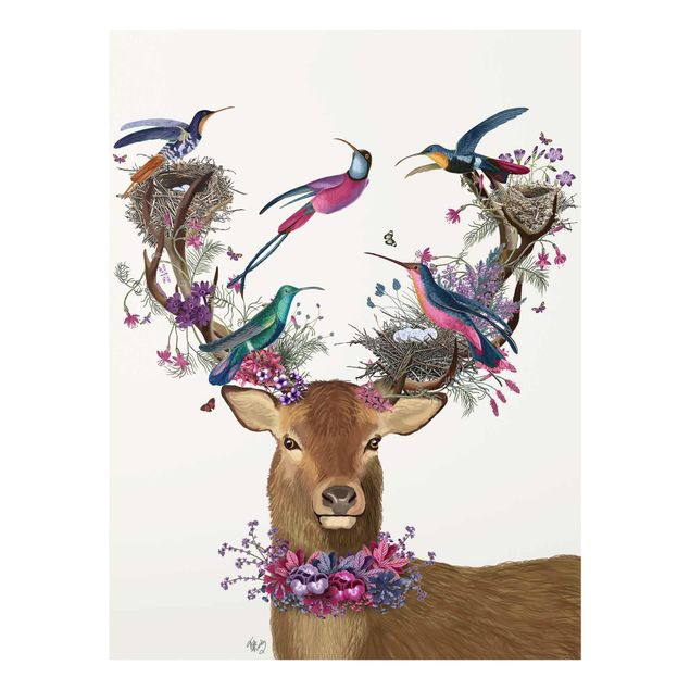 Tableau verre animaux Stag With Pigeons