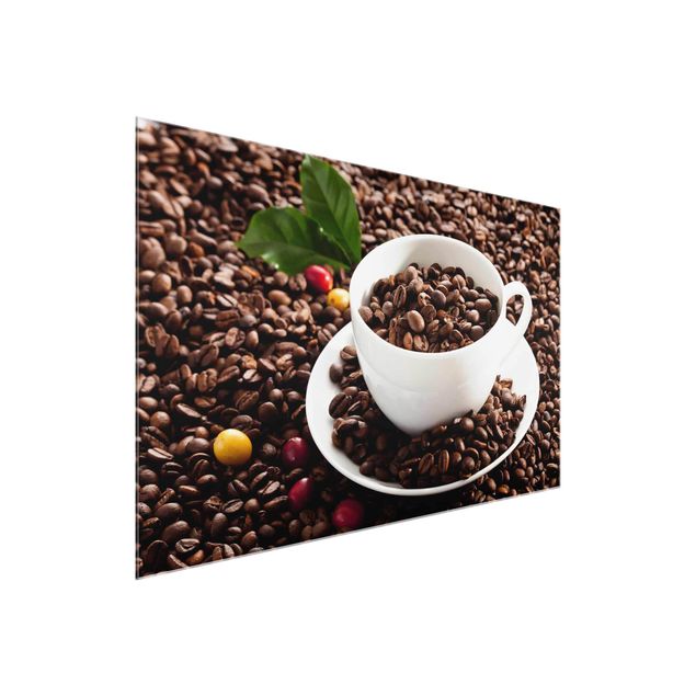 Tableau marron moderne Tasse à café avec grains de café torréfiés