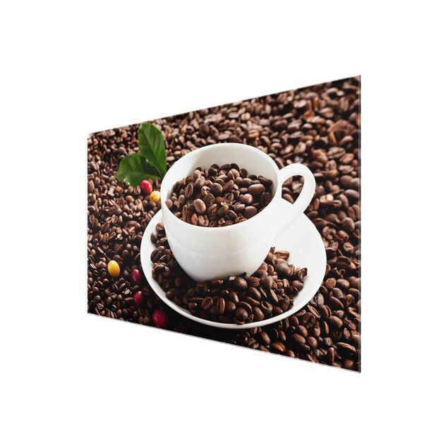 Tableaux en verre magnétique Tasse à café avec grains de café torréfiés
