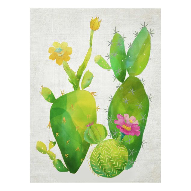 Tableaux verts Famille de cactus en rose et jaune