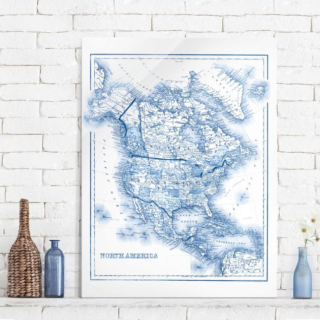 Tableaux en verre mappemonde Carte dans les tons bleus - Amérique du Nord
