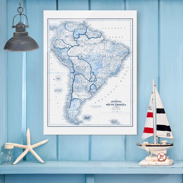 Tableaux en verre mappemonde Carte dans les tons bleus - Amérique du Sud