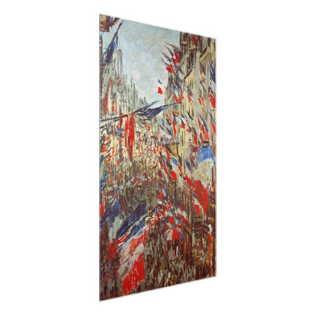 Tableaux en verre architecture & skyline Claude Monet - La rue Montorgueil avec des drapeaux