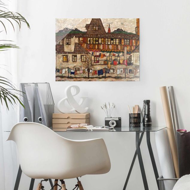 Tableau expressionniste Egon Schiele - Maison avec linge en train de sécher