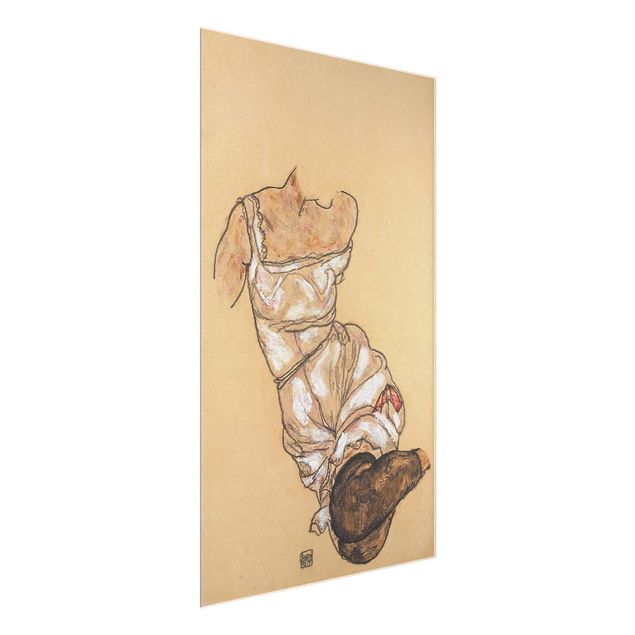 Tableaux en verre nu & érotisme Egon Schiele - Torse de femme en sous-vêtements et bas noirs