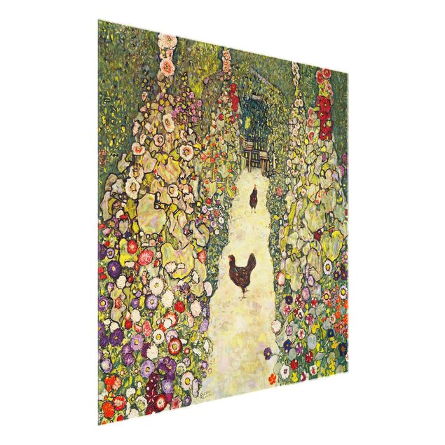 Tableaux en verre fleurs Gustav Klimt - Chemin de jardin avec poules