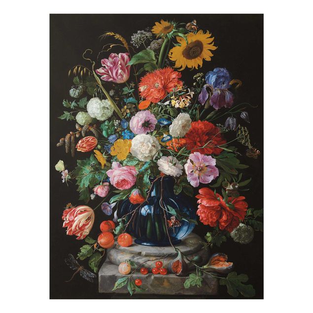 Tableaux modernes Jan Davidsz de Heem - Des tulipes, un tournesol, un iris et d'autres fleurs dans un vase en verre sur le socle en marbre d'une colonne