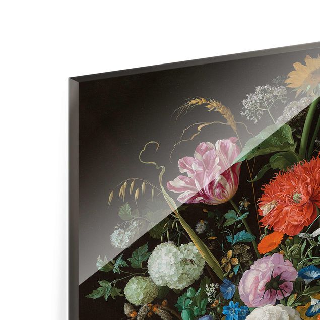 Tableaux multicolore Jan Davidsz de Heem - Des tulipes, un tournesol, un iris et d'autres fleurs dans un vase en verre sur le socle en marbre d'une colonne