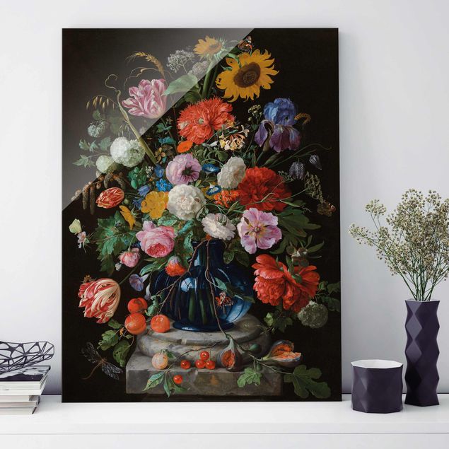 Décorations cuisine Jan Davidsz de Heem - Des tulipes, un tournesol, un iris et d'autres fleurs dans un vase en verre sur le socle en marbre d'une colonne