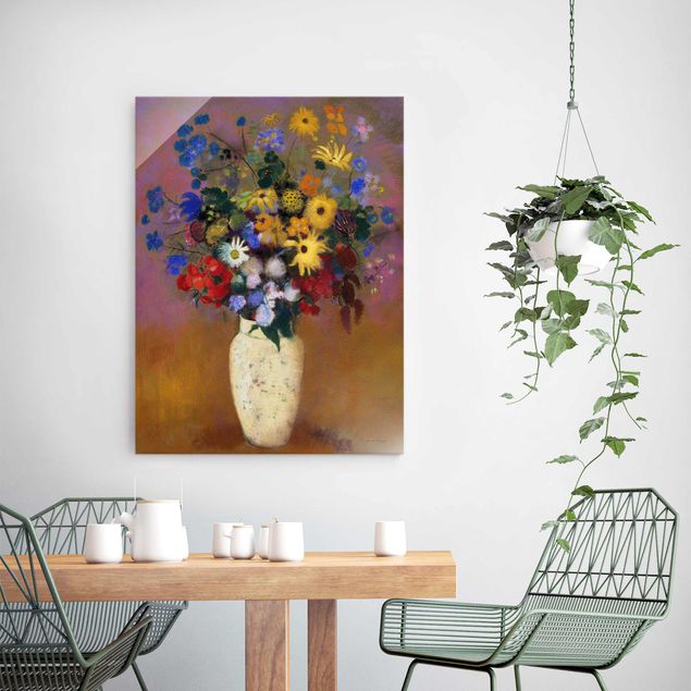 Tableaux en verre fleurs Odilon Redon - Vase blanc avec des fleurs