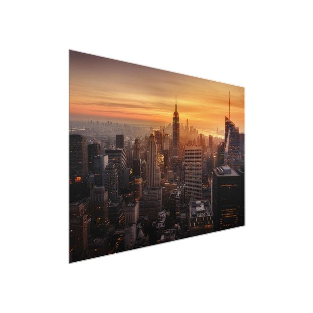 Tableaux en verre architecture & skyline Silhouette urbaine de Manhattan le soir