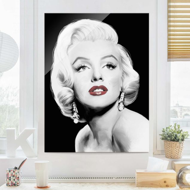 Tableaux en verre noir et blanc Marilyn avec des boucles d'oreilles