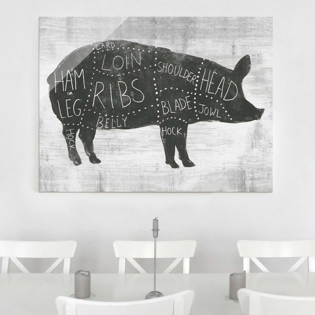 Tableaux en verre noir et blanc Planche de boucherie - Porc