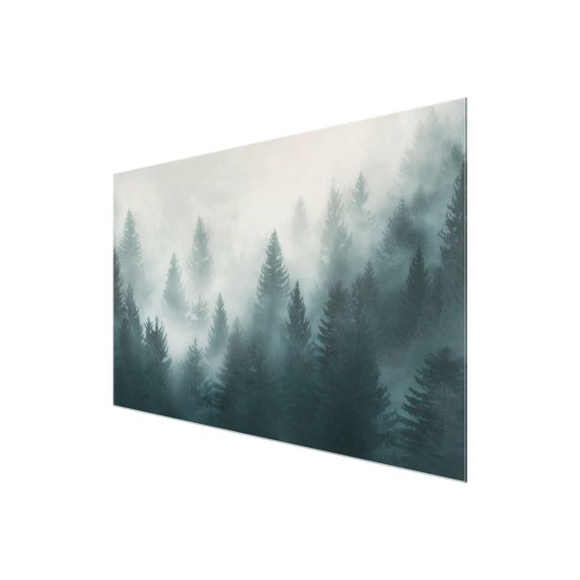 Tableau verre paysage Forêt de conifères dans le brouillard