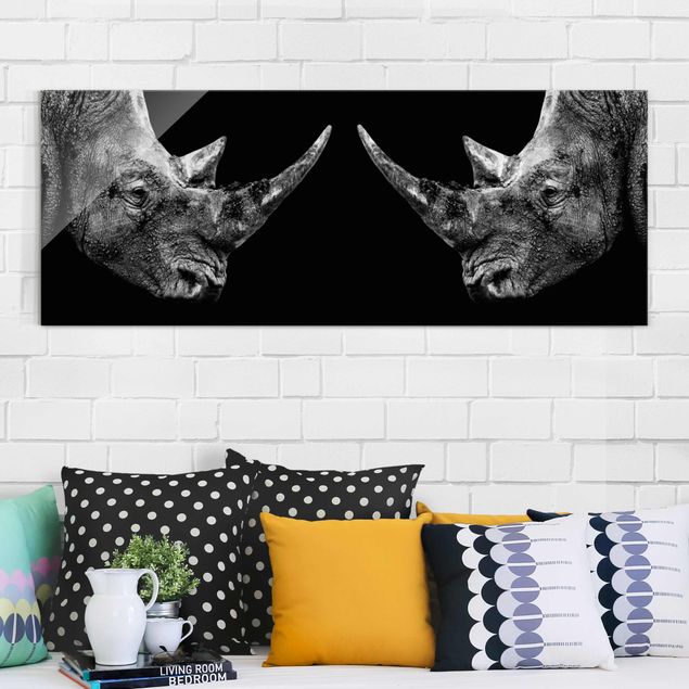 Tableaux en verre noir et blanc Duel de rhinocéros