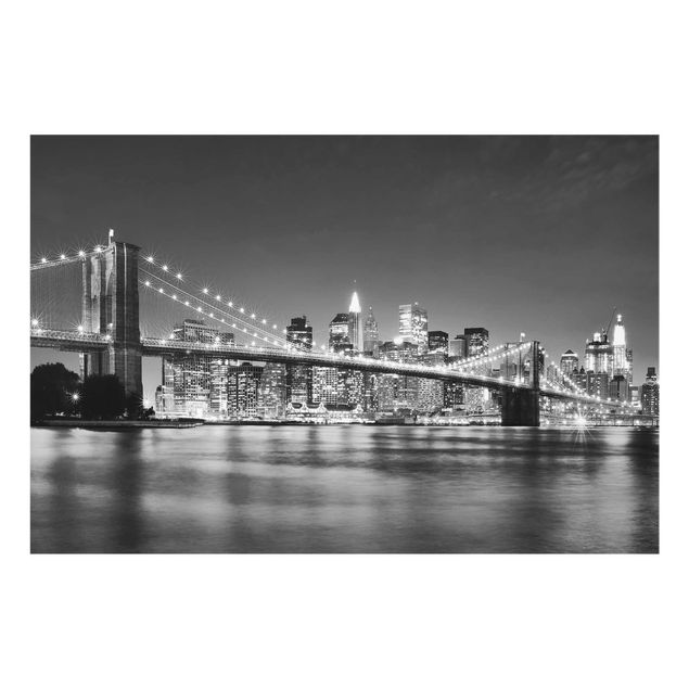 Tableaux en verre noir et blanc Pont de Manhattan la nuit II