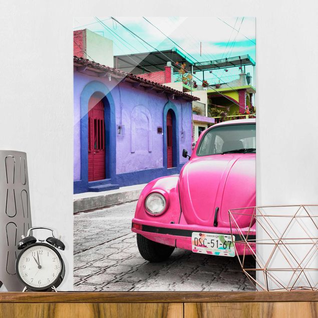 Tableau en verre - Pink VW Beetle