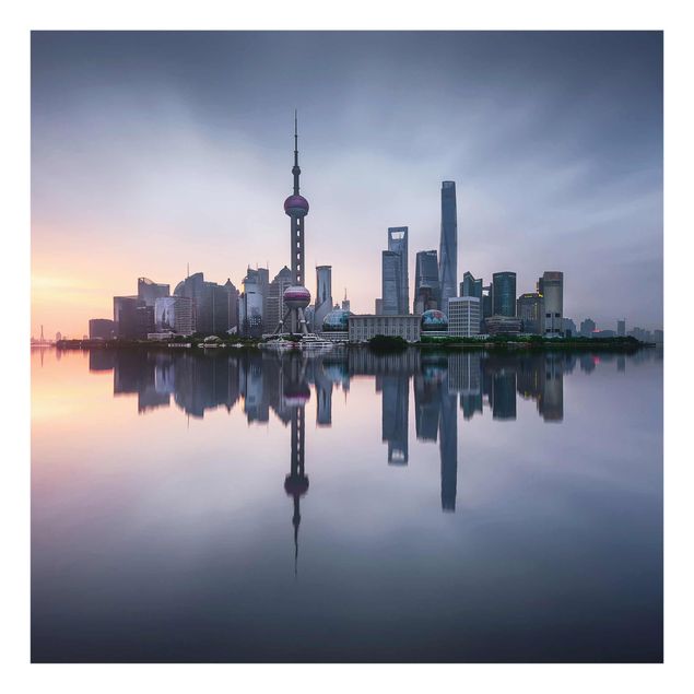 Tableau deco bleu Silhouette urbaine de Shanghai le matin