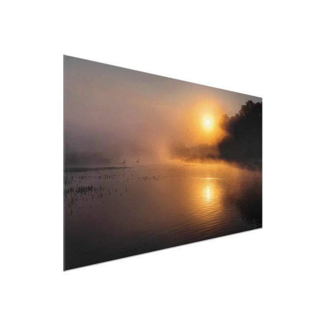 Tableaux nature Lever de soleil sur le lac avec des cerfs dans le brouillard