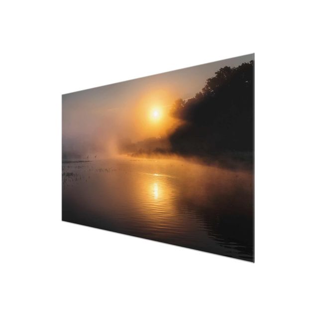 Tableaux marron Lever de soleil sur le lac avec des cerfs dans le brouillard
