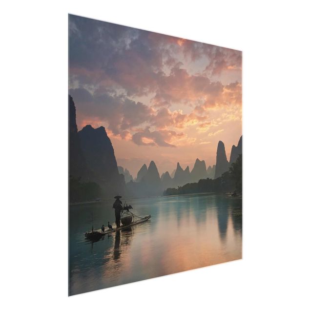 Tableau verre montagne Lever de soleil sur la rivière chinoise