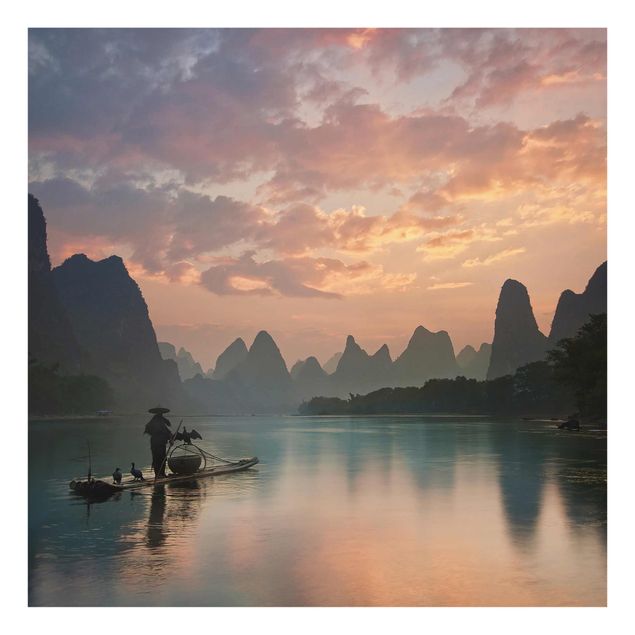 Tableaux en verre coucher de soleil Lever de soleil sur la rivière chinoise