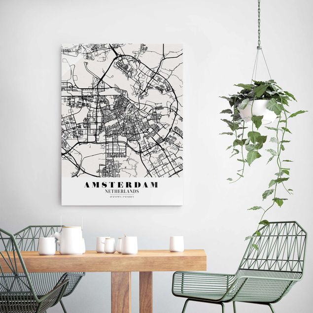 Tableaux en verre noir et blanc Plan de ville d'Amsterdam - Classique