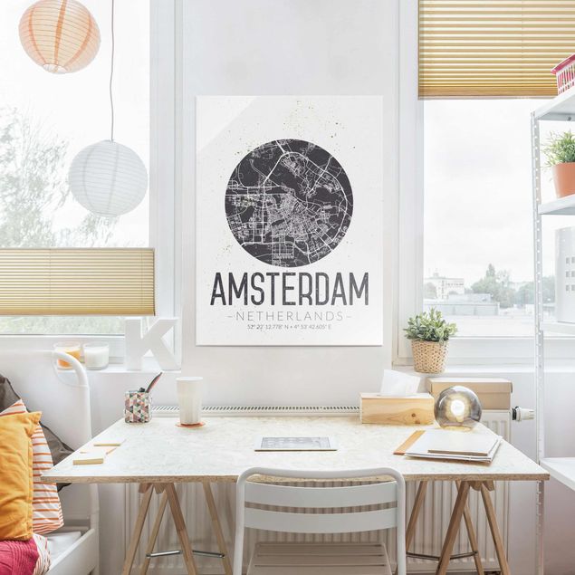 Tableaux en verre noir et blanc Plan de ville d'Amsterdam - Rétro