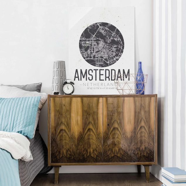 Tableaux en verre mappemonde Plan de ville d'Amsterdam - Rétro