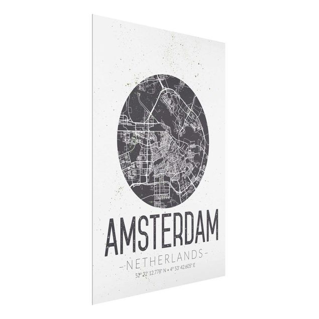 Tableaux en verre citations Plan de ville d'Amsterdam - Rétro