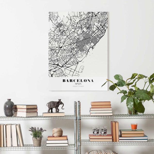 Tableaux en verre noir et blanc Plan de ville de Barcelone - Classique