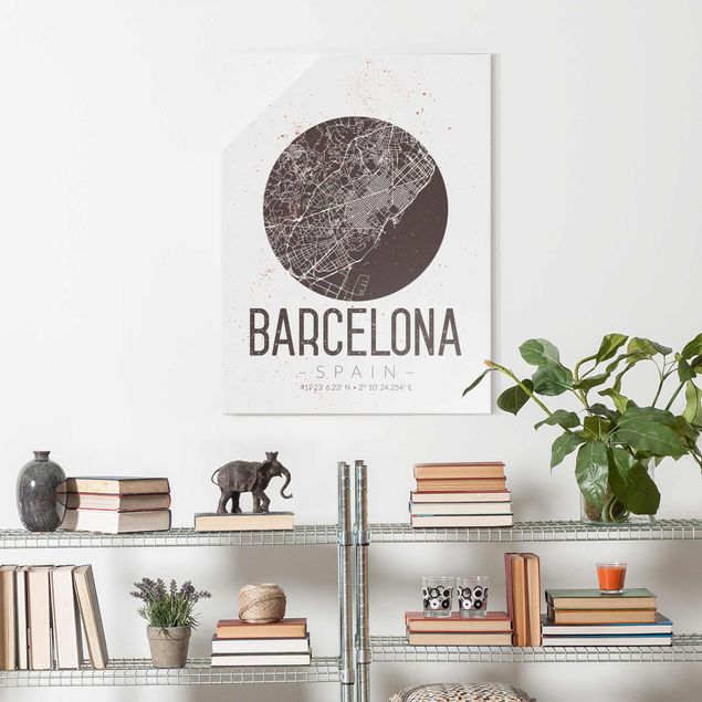 Tableaux en verre noir et blanc Plan de ville de Barcelone - Rétro