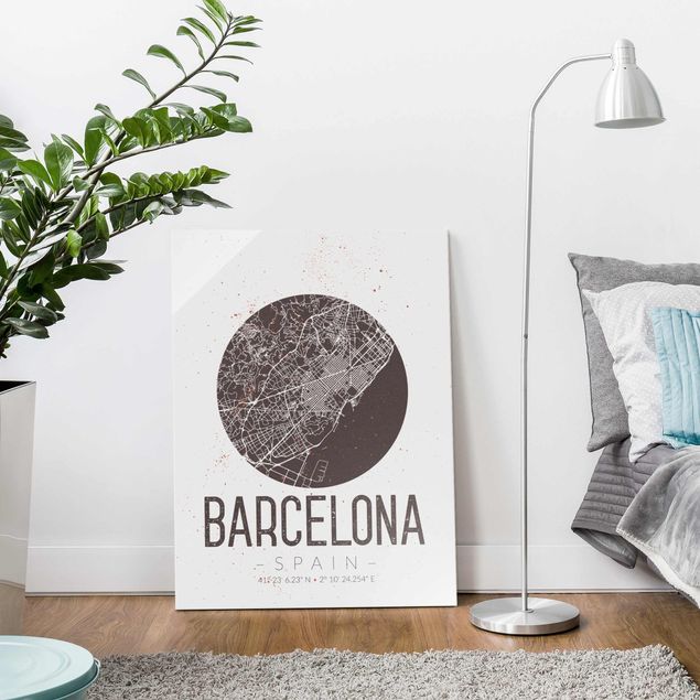 Tableaux en verre mappemonde Plan de ville de Barcelone - Rétro