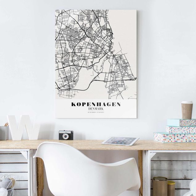 Tableaux en verre noir et blanc Plan de ville de Copenhague - Classique