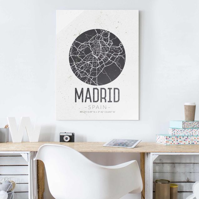 Tableaux en verre mappemonde Plan de ville de Madrid - Rétro