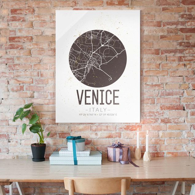 Tableaux en verre noir et blanc Plan de la ville de Venise - Rétro