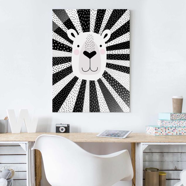 Tableaux en verre noir et blanc Zoo à motifs - Lion
