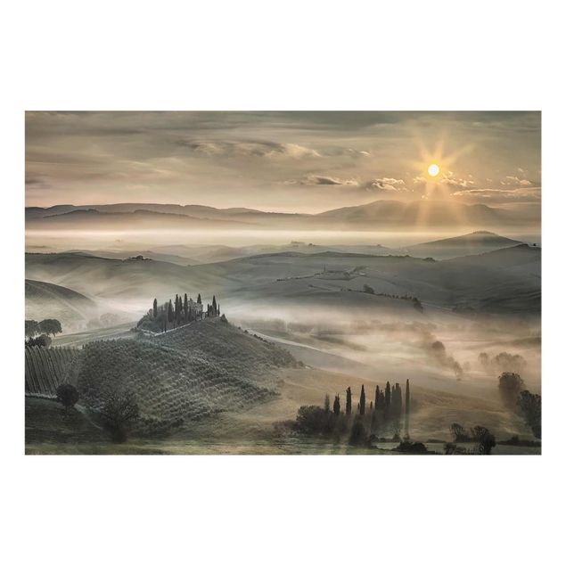Tableau verre paysage Toscane au matin