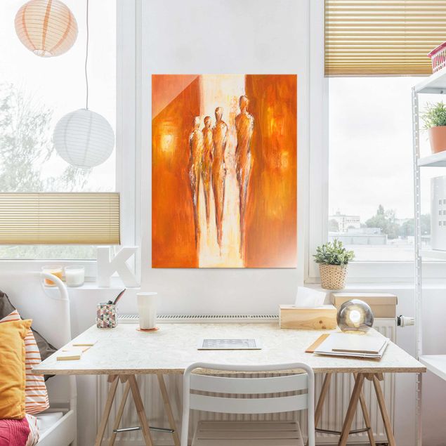 Tableaux en verre abstraits Quatre figures en orange 02