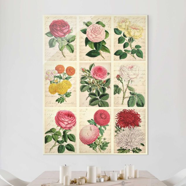 Tableaux en verre roses Collage Vintage Floral