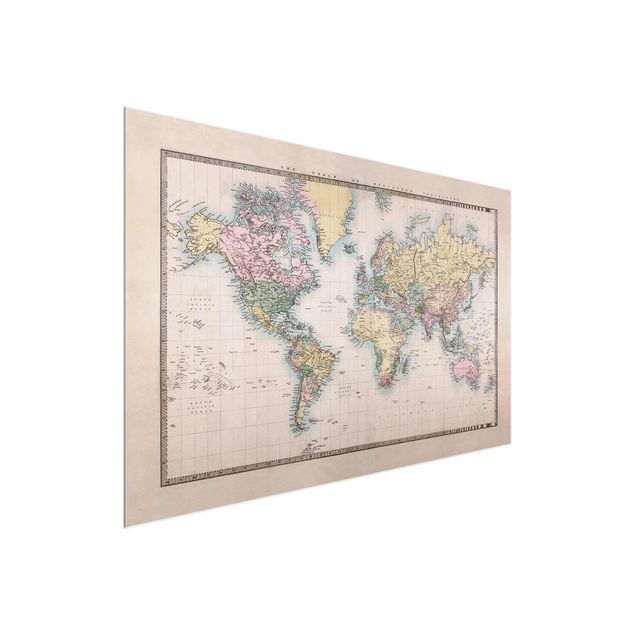 Tableaux en verre mappemonde Tableau Vintage du monde vers 1850