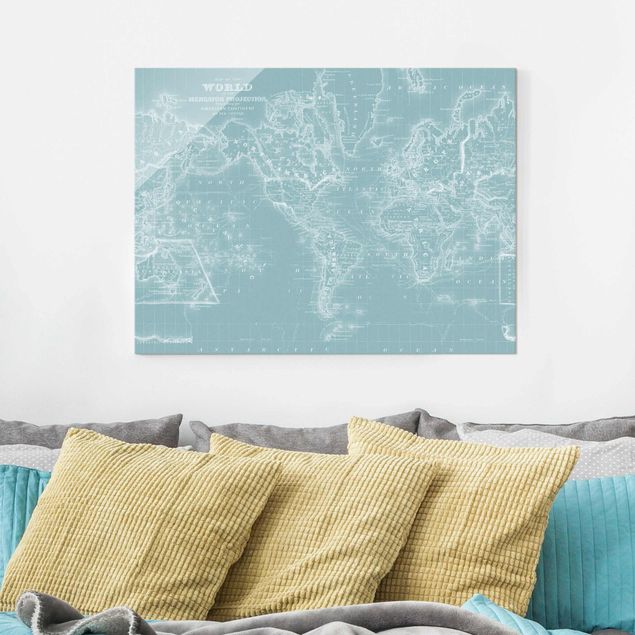 Tableaux en verre mappemonde Carte du monde en bleu glacier