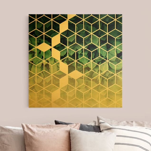 Tableau abstrait Feuilles vertes Géométrie dorée