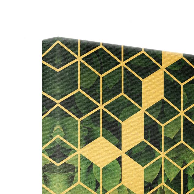 Tableaux Feuilles vertes Géométrie dorée