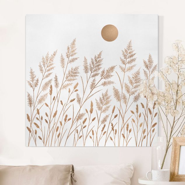 Tableaux sur toile avec herbes Herbes et lune en or